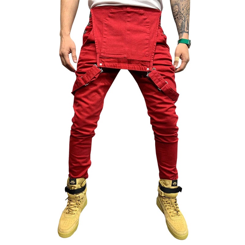 LONGBIDA Men's Denim Bib Overalls Fashion Slim Fit Jumpsuit with Pockets(Red,S) - Image 3